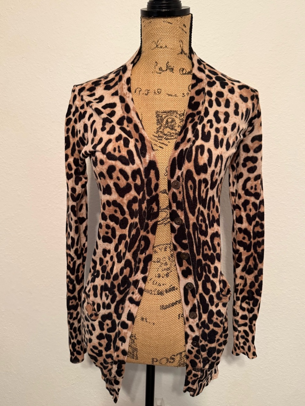 Tan and black leopard-print cardigan with a V-neck front button closure small